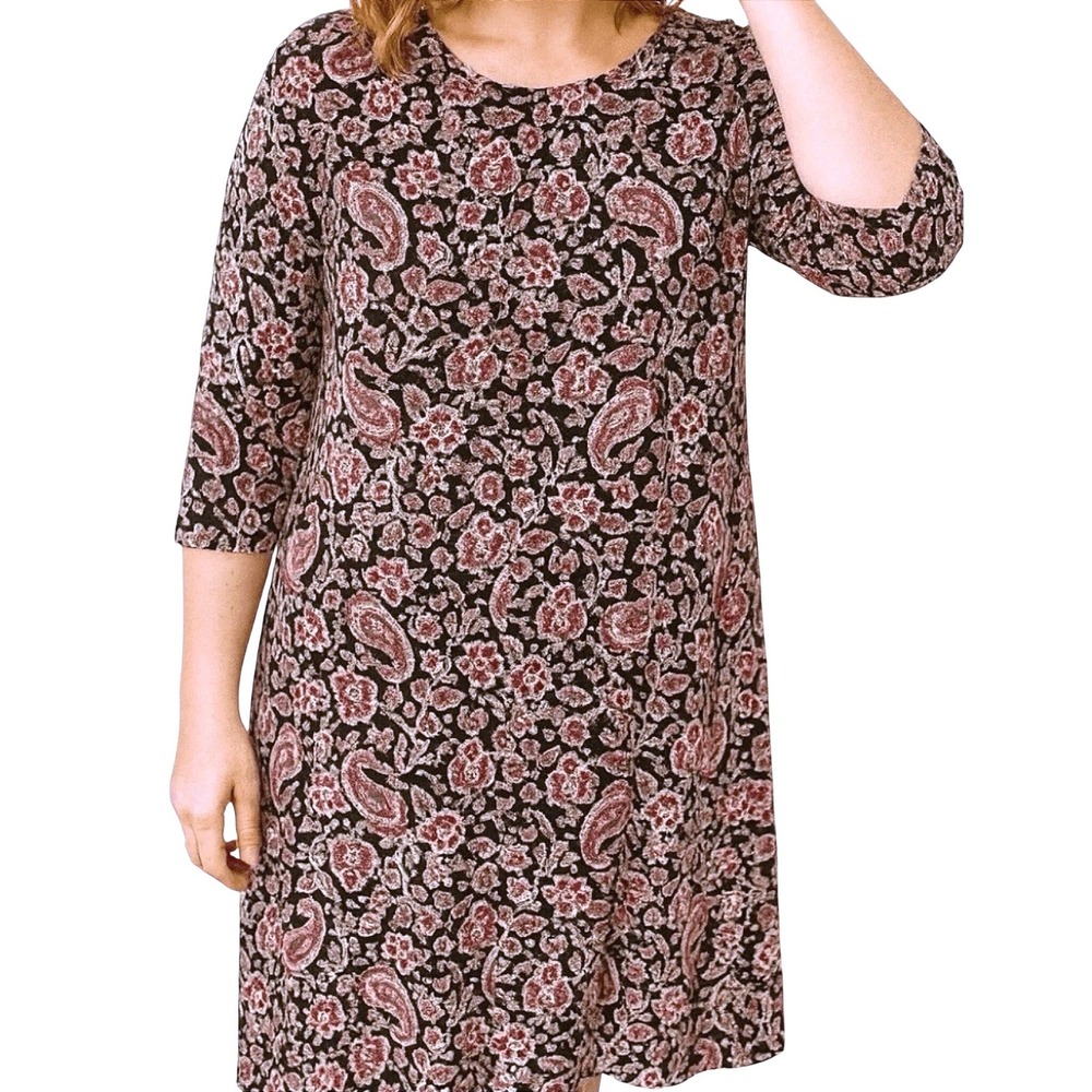 J Jill Women Paisley Shift Dress L Black Pink Knit 3/4 Sleeve Stretch Whimsigoth